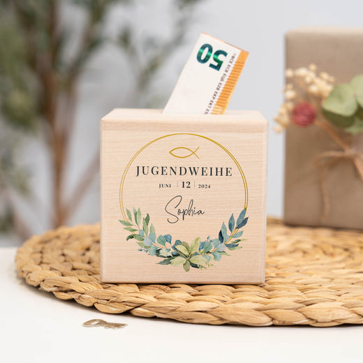 Personalisierte Spardose Holz zur Jugendweihe - Geschenkfreude