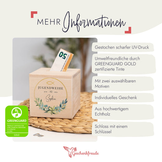Personalisierte Spardose Holz zur Jugendweihe - Geschenkfreude