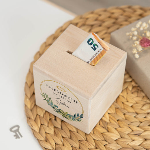 Personalisierte Spardose Holz zur Jugendweihe - Geschenkfreude
