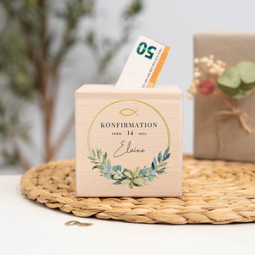 Personalisierte Spardose zur Konfirmation - Motiv Rund - Geschenkfreude