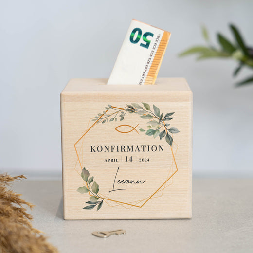 Personalisierte Spardose zur Konfirmation - Motiv Sechseck - Geschenkfreude