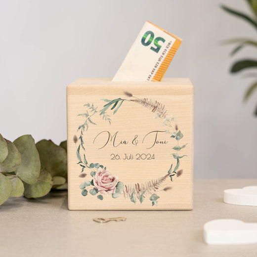 Spardose Hochzeit personalisiert - Floral1 - Geschenkfreude