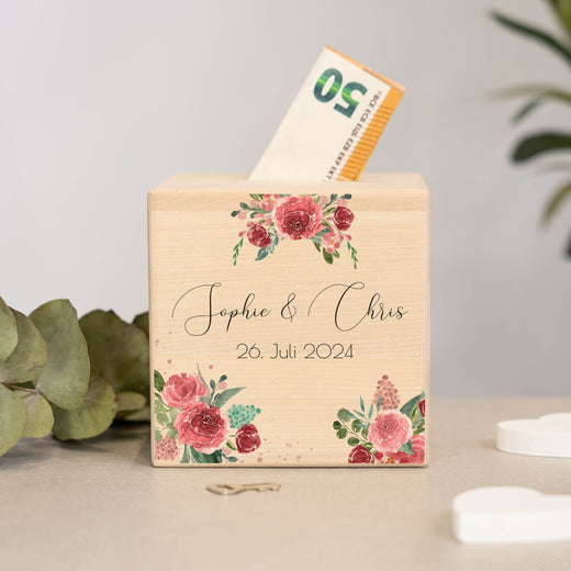 Spardose Hochzeit personalisiert - Floral2 - Geschenkfreude