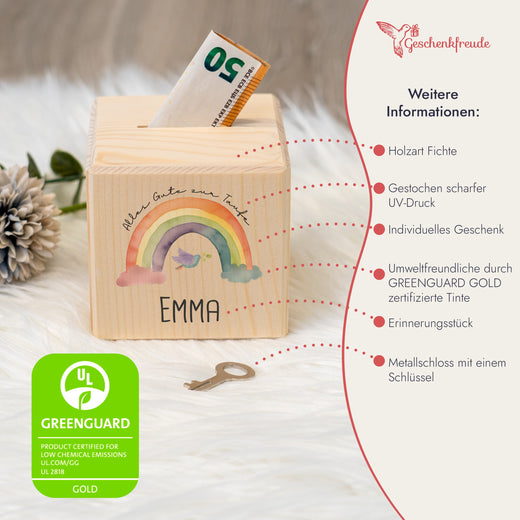 Spardose Kinder Personalisiert aus Holz Motiv Taufe mit Regenbogen - Geschenkfreude