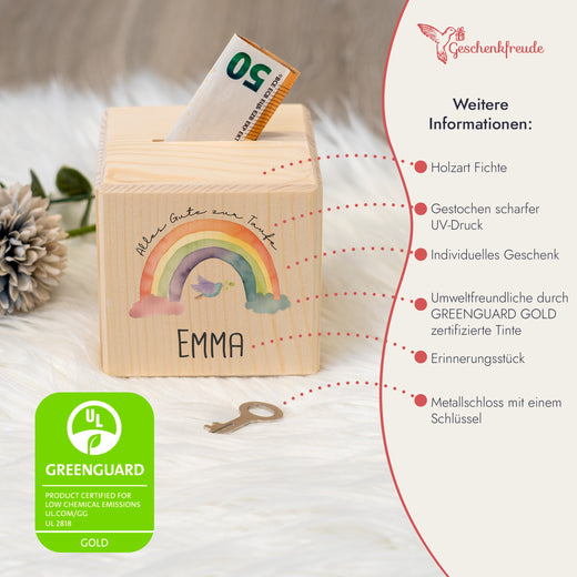 Spardose Kinder Personalisiert aus Holz Motiv Taufe mit Regenbogen  - Geschenkfreude