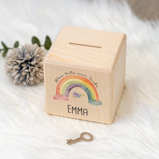 Spardose Kinder Personalisiert aus Holz Motiv Taufe mit Regenbogen - Geschenkfreude