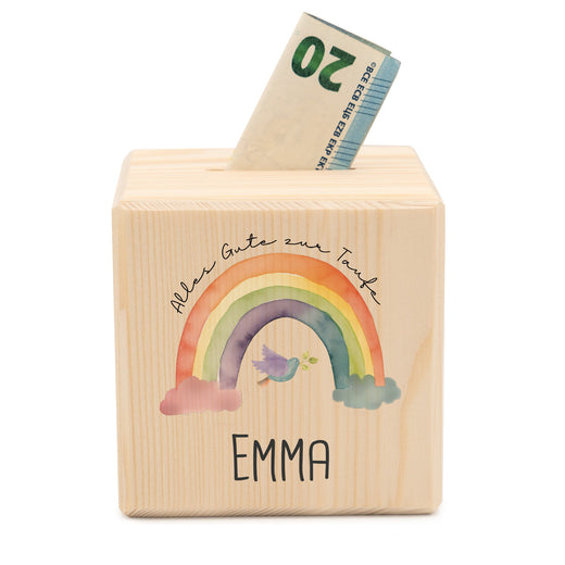 Spardose Kinder Personalisiert aus Holz Motiv Taufe mit Regenbogen  - Geschenkfreude