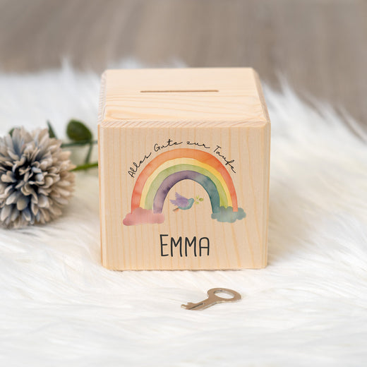 Spardose Kinder Personalisiert aus Holz Motiv Taufe mit Regenbogen  - Geschenkfreude