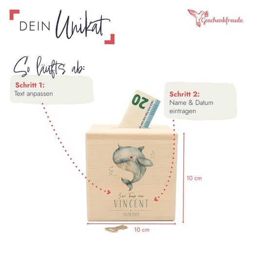 Spardose Kinder Personalisiert - Motiv Taufe Wal - Geschenkfreude