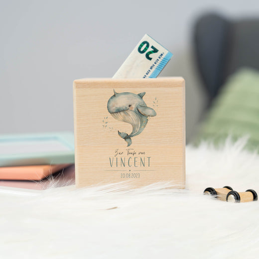 Spardose Kinder Personalisiert - Motiv Taufe Wal - Geschenkfreude