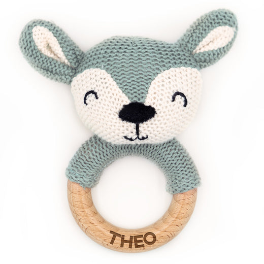 Greifling Baby - Personalisierter Beißring mit Namen in Blau - Geschenkfreude