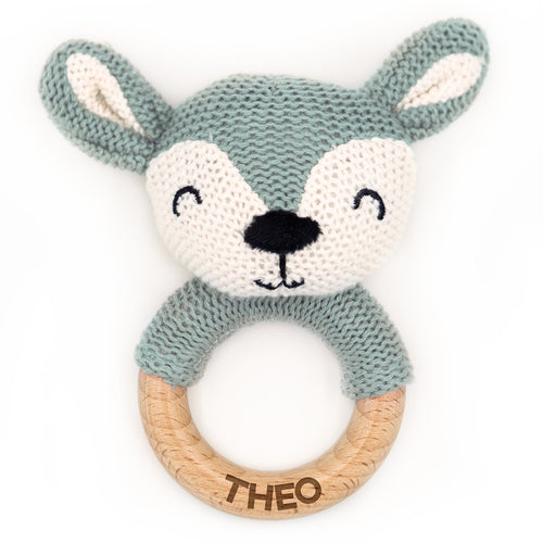 Greifling Baby - Personalisierter Beißring mit Namen in Blau - Geschenkfreude