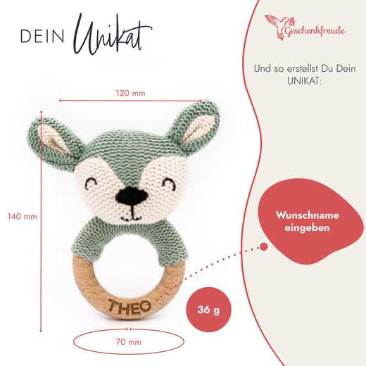 Greifling Baby - Personalisierter Beißring mit Namen in Blau - Geschenkfreude
