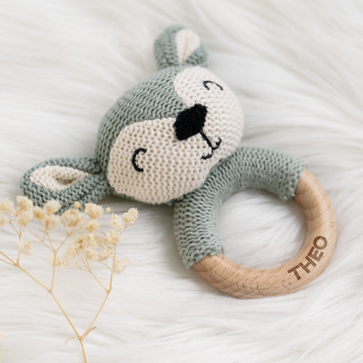 Greifling Baby - Personalisierter Beißring mit Namen in Blau - Geschenkfreude