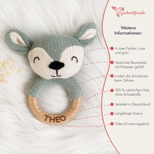 Greifling Baby - Personalisierter Beißring mit Namen in Blau - Geschenkfreude