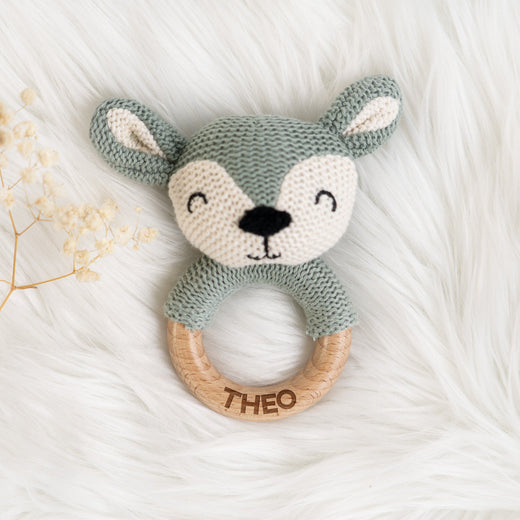 Greifling Baby - Personalisierter Beißring mit Namen in Blau - Geschenkfreude