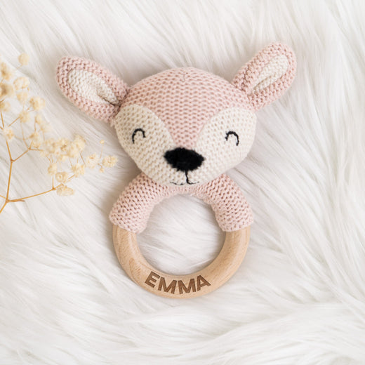 Greifling Baby - Personalisierter Beißring mit Namen in Rosa - Geschenkfreude