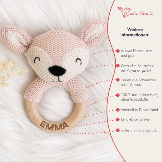 Greifling Baby - Personalisierter Beißring mit Namen in Rosa - Geschenkfreude