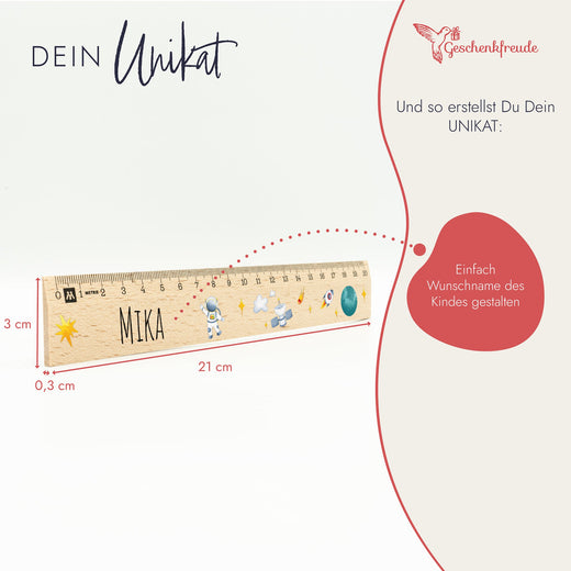 Lineal Personalisiert mit Namen und Astronauten Motiv - 20 cm - Geschenkfreude