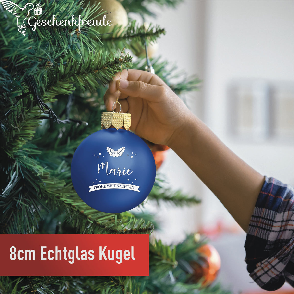 Personalisierte Christbaumkugeln Blau Motiv Weihnachtskranz