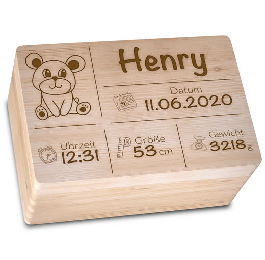 Personalisierte Erinnerungsbox Baby aus Holz - Motiv Geburt - Geschenkfreude