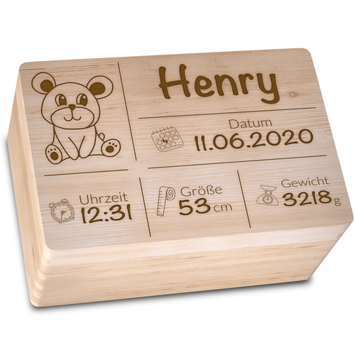 Personalisierte Erinnerungsbox Baby aus Holz - Motiv Geburt - Geschenkfreude