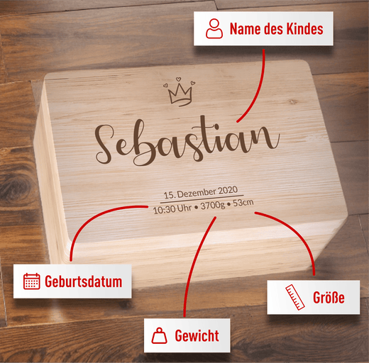 Personalisierte Erinnerungsbox Baby aus Holz - Motiv Name - Geschenkfreude