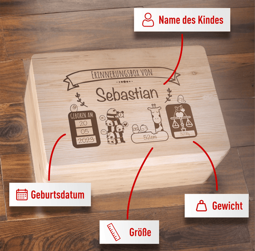 Personalisierte Erinnerungsbox Baby aus Holz - Motiv Tiere - Geschenkfreude