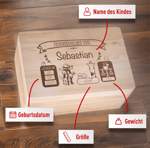 Personalisierte Erinnerungsbox Baby aus Holz - Motiv Tiere  - Geschenkfreude