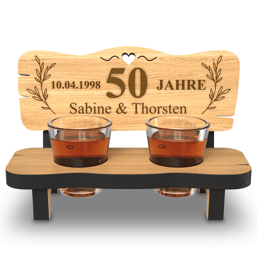 Schnapsbank mit Gravur zur goldenen Hochzeit 50 Jahre - inkl. Schnapsgläser - Geschenkfreude