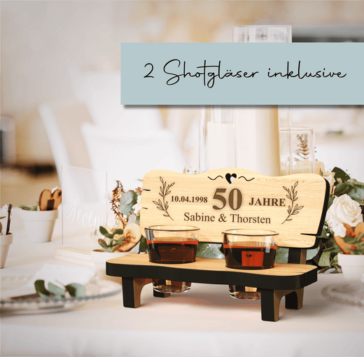 Schnapsbank mit Gravur zur goldenen Hochzeit 50 Jahre - inkl. Schnapsgläser - Geschenkfreude