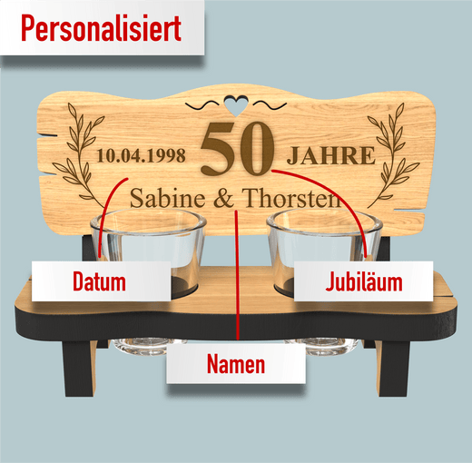 Schnapsbank mit Gravur zur goldenen Hochzeit 50 Jahre - inkl. Schnapsgläser - Geschenkfreude