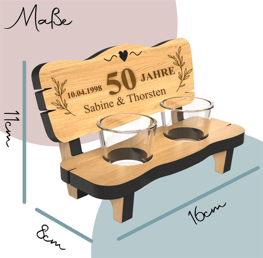 Schnapsbank mit Gravur zur goldenen Hochzeit 50 Jahre - inkl. Schnapsgläser - Geschenkfreude