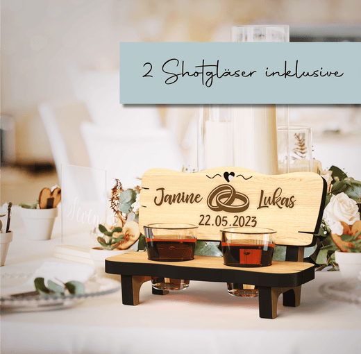 Schnapsbank mit Gravur zur Hochzeit - aus Erlenholz - inkl. Schnapsgläser - Geschenkfreude