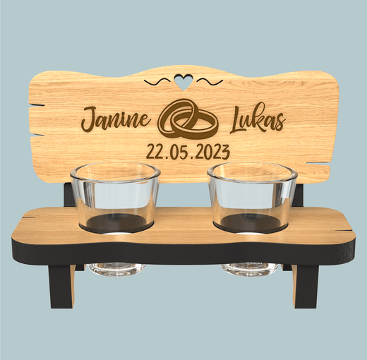 Schnapsbank mit Gravur zur Hochzeit - aus Erlenholz - inkl. Schnapsgläser - Geschenkfreude