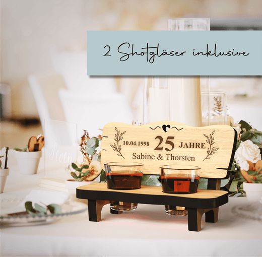 Schnapsbank mit Gravur zur Silberhochzeit 25 Jahre - inkl. Schnapsgläser - Geschenkfreude