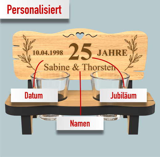 Schnapsbank mit Gravur zur Silberhochzeit 25 Jahre - inkl. Schnapsgläser - Geschenkfreude