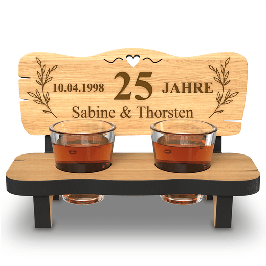 Schnapsbank mit Gravur zur Silberhochzeit 25 Jahre - inkl. Schnapsgläser - Geschenkfreude