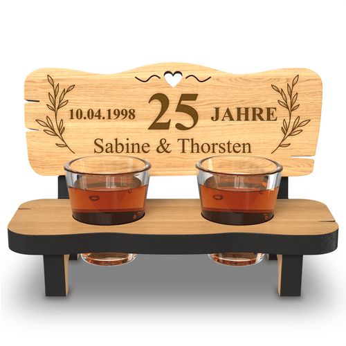 Schnapsbank mit Gravur zur Silberhochzeit 25 Jahre - inkl. Schnapsgläser - Geschenkfreude