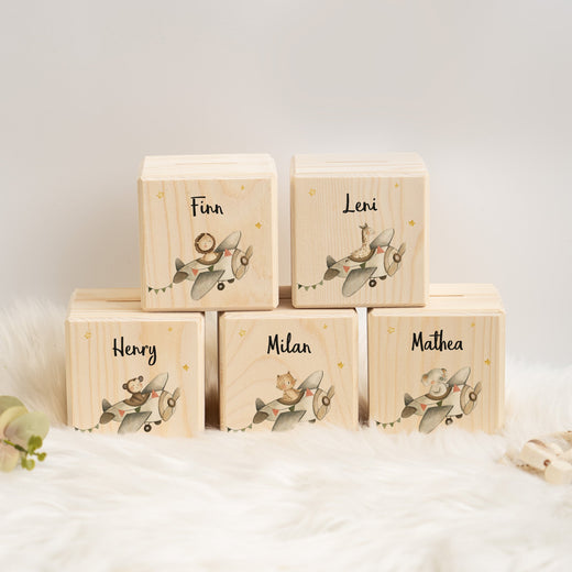 Spardose Kinder Personalisiert aus Holz Flugzeug Motiv - Geschenkfreude