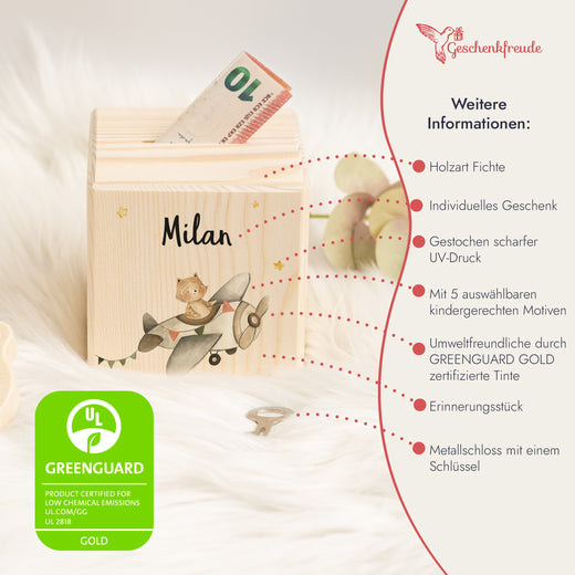 Spardose Kinder Personalisiert aus Holz Flugzeug Motiv - Geschenkfreude