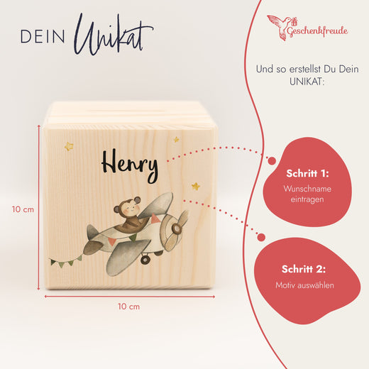 Spardose Kinder Personalisiert aus Holz Flugzeug Motiv - Geschenkfreude