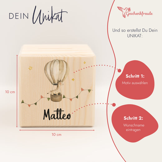 Spardose Kinder personalisiert aus Holz Heißluftballon - Geschenkfreude
