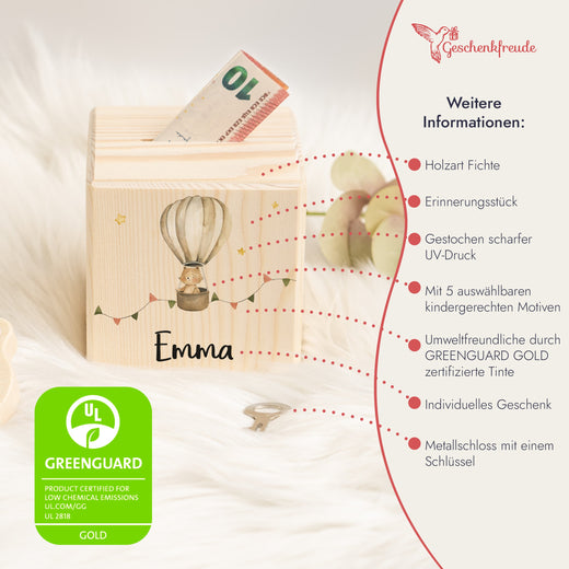 Spardose Kinder personalisiert aus Holz Heißluftballon - Geschenkfreude