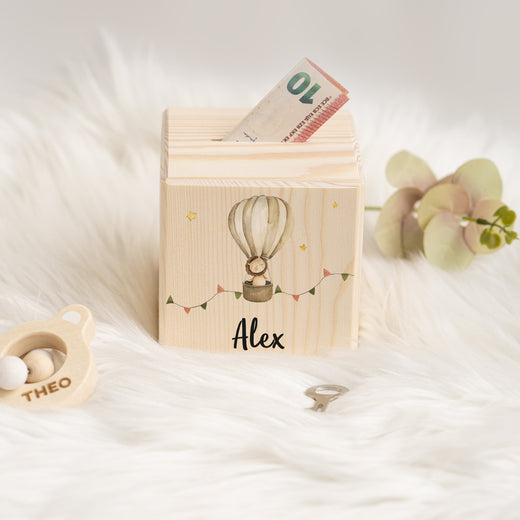 Spardose Kinder personalisiert aus Holz Heißluftballon - Geschenkfreude