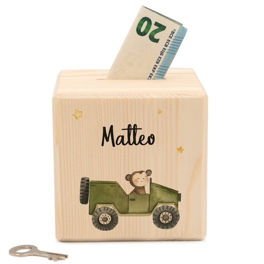 Spardose Kinder Personalisiert aus Holz Jeep Motiv - Geschenkfreude