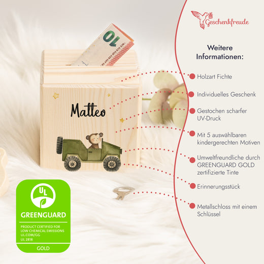Spardose Kinder Personalisiert aus Holz Jeep Motiv - Geschenkfreude
