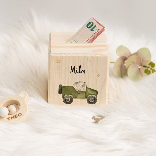 Spardose Kinder Personalisiert aus Holz Jeep Motiv - Geschenkfreude