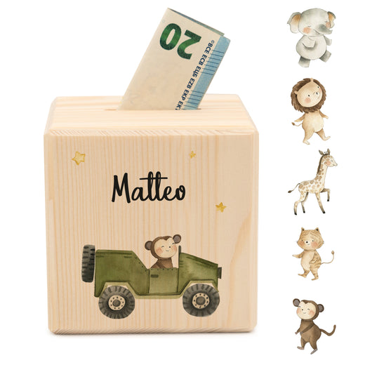 Spardose Kinder Personalisiert aus Holz Jeep Motiv - Geschenkfreude