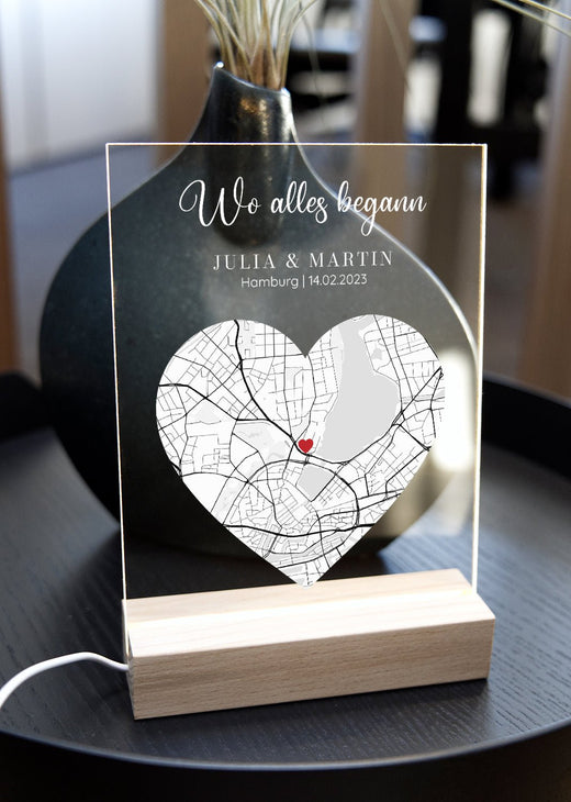 Wo alles Begann Karte - Personalisiertes Acrylglas als Partnergeschenk - Geschenkfreude